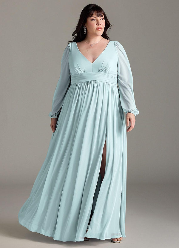 Azazie Norah Brautjungfernkleider A-Linie Lange Ärmel mit V-Ausschnitt Chiffon Kleid Nebel image1