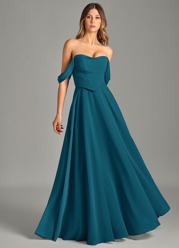 Azazie Chelsey Brautjungfernkleider Wandelbar A-Linie Schulterfrei Chiffon Kleid Tintenblau image1
