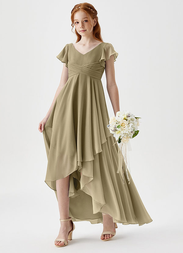 Azazie Caria Junior Robe Trapèze en Mousseline de soie Plissée Vert Mousse image1
