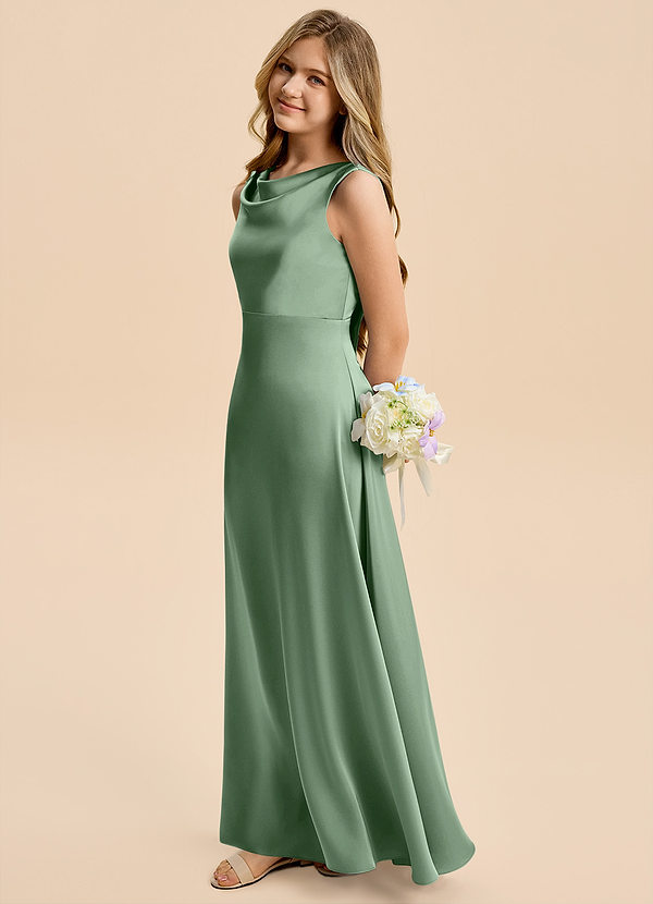 Azazie Kiki Junior Robe Trapèze en Satin extensible Arc Matcha image1