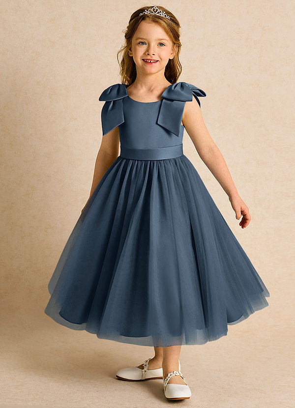 Azazie Serene Abiti da Ragazza di Fiori Abito Principessa in Raso Opaco Fiocco Blu Nettuno image1