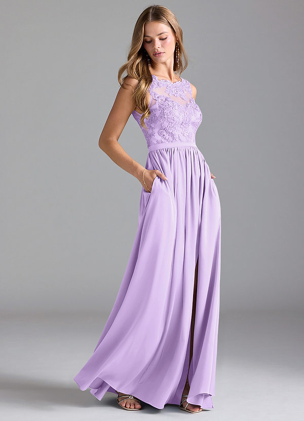 Azazie Elly Bridesmaid Dresses Lilac A-Line Lace Stretch Satin Dress image1