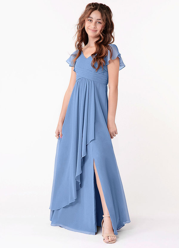 Azazie Omari Steel Blue A-Line Ruched Chiffon Dress image1