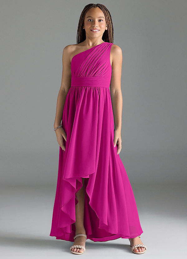 Azazie Mathilda Junior Fuchsia A-Line Pleated Chiffon Dress image1