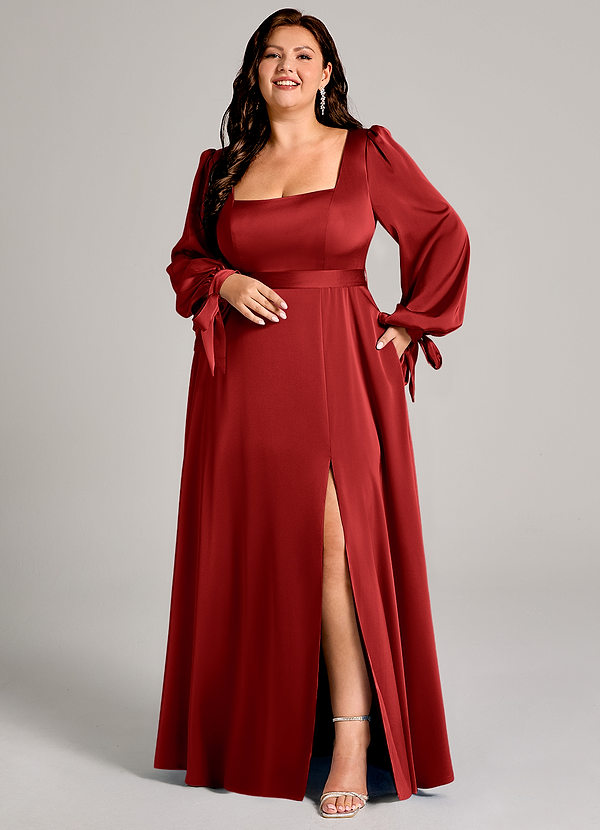 Azazie Leonia Bridesmaid Dresses Pomegranate A-Line Long Sleeve Stretch Satin Dress image1
