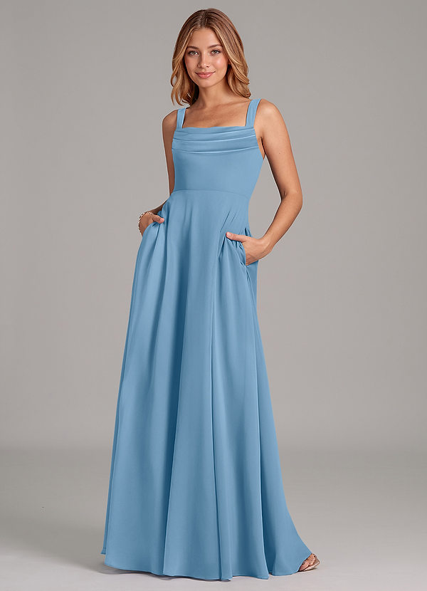 Azazie Shaude Bridesmaid Dresses Steel Blue A-Line Pleated Chiffon Dress image1