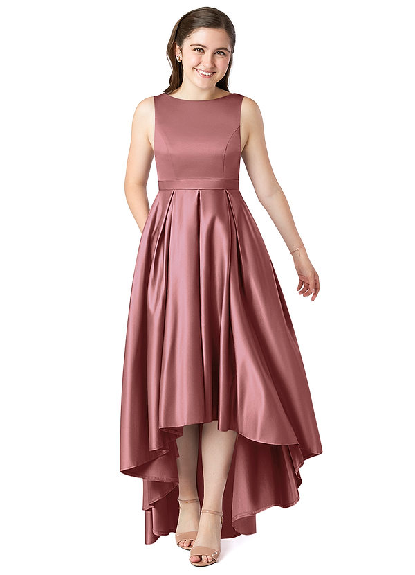 Azazie Inaya Junior Amethyst A-Line with Belt Stretch Satin Dress image1