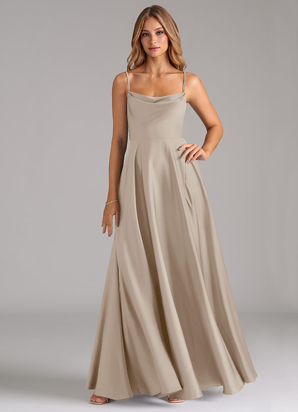 Azazie Elle Bridesmaid Dresses Frost A-Line Pleated Stretch Satin Dress image1