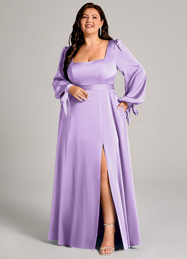 Azazie Leonia Bridesmaid Dresses Lilac A-Line Long Sleeve Stretch Satin Dress image1