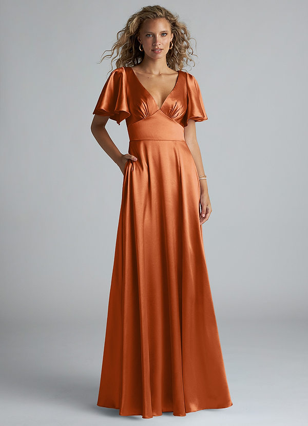 Azazie Kimber Bridesmaid Dresses Burnt Orange A-Line Ruched Metallic Satin Dress image1