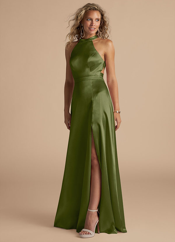 Azazie Clarice Bridesmaid Dresses Olive A-Line High Neck Metallic Satin Dress image1