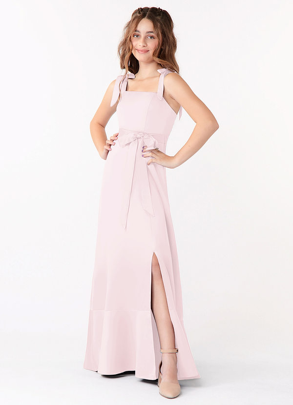 Azazie Barbara A-Line Bow Matte Satin Floor-Length Junior Bridesmaid Dress image1