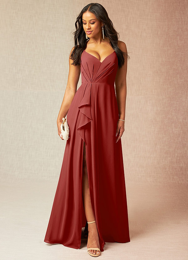 Azazie Kyedae Bruidsmeisjes Jurken Jurk van Chiffon met A-Lijn V-hals geplooid Roest image1