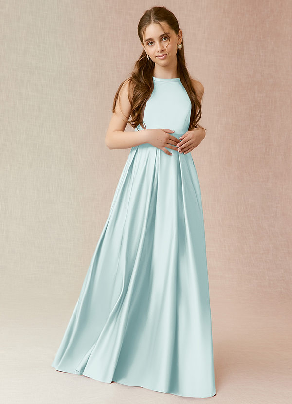 Azazie Arianthe Junior Robe Trapèze en Mat Satiné avec poches Verre De Mer image1
