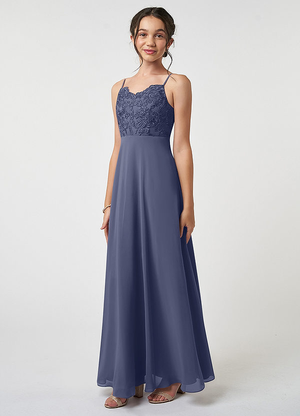 Azazie Sonya Junior Robe Trapèze en Mousseline de soie Dentelle Bleu Orageux image1