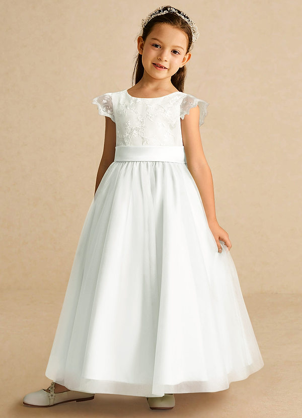 Azazie Pookie Flower Girl Dresses Diamond White A-Line Lace Tulle Dress image1