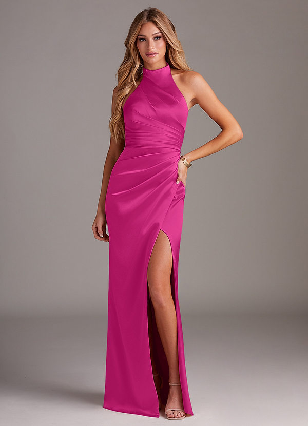 Azazie Jemma Bruidsmeisjes Jurken Jurk van Stretch Satijn met Kolom Geplooid Fuchsia image1
