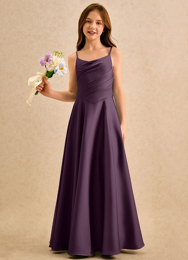 Azazie Coconut Girls Formal Flower Girl Dresses Plum A-Line Pleated Stretch Satin Dress image1