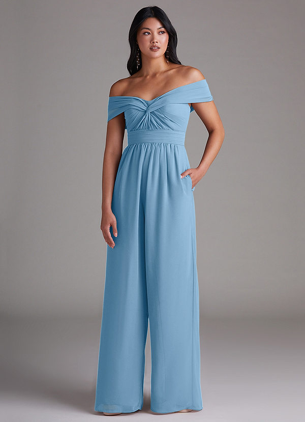 Azazie Lamara Robes Demoiselle d'honneur Combinaison Convertible en Mousseline de soie Épaule décolletée Acier Bleuté image1