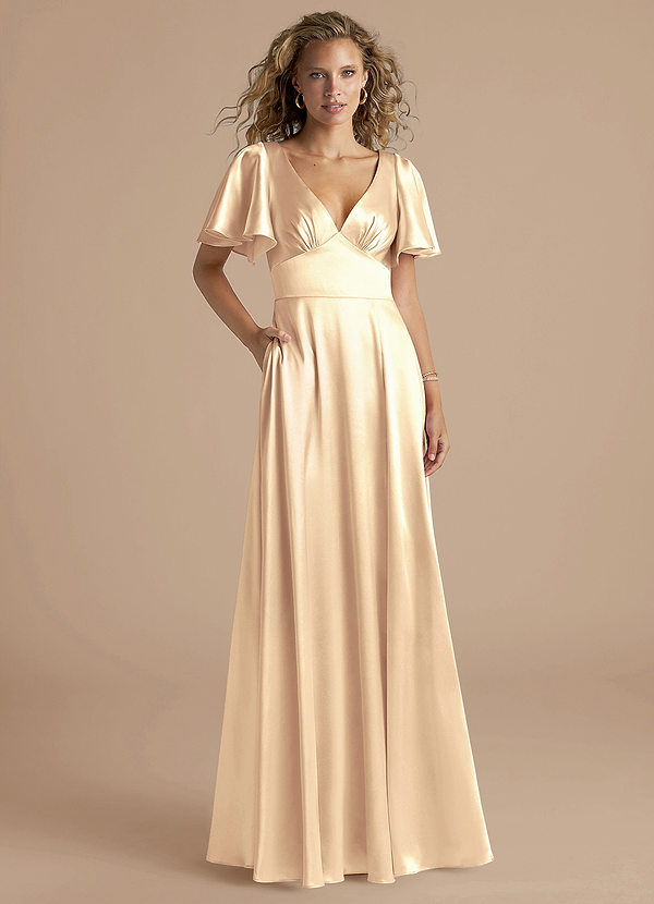 Azazie Kimber Bridesmaid Dresses Gold A-Line Ruched Metallic Satin Dress image1