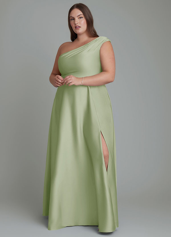Azazie Melanie Vestidos de dama de honor Vestido Salvia Polvorienta de Satén Elástico de Línea A con Hombros descubiertos image1