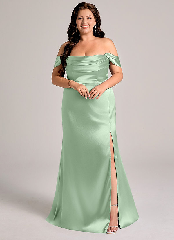 Azazie Saige Robes de demoiselle d'honneur Robe Fourreau Convertible en Satiné métallisé Épaule décolletée Matcha image1
