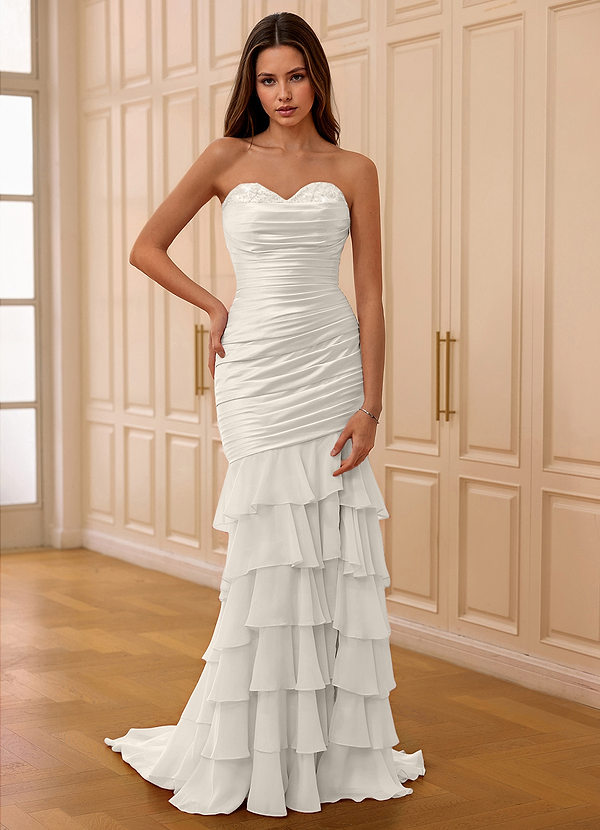 Gildra Blanc Robe de bal sirène à volants en dentelle et perles image1