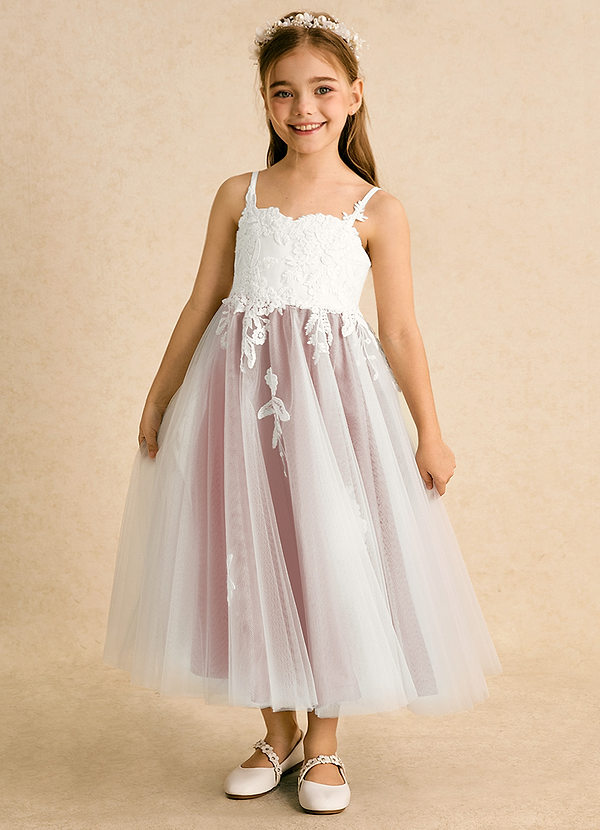 Azazie Coraline Blumenkinder Kleider A-Linie Spitze Kleid Elfenbein Roségold image1