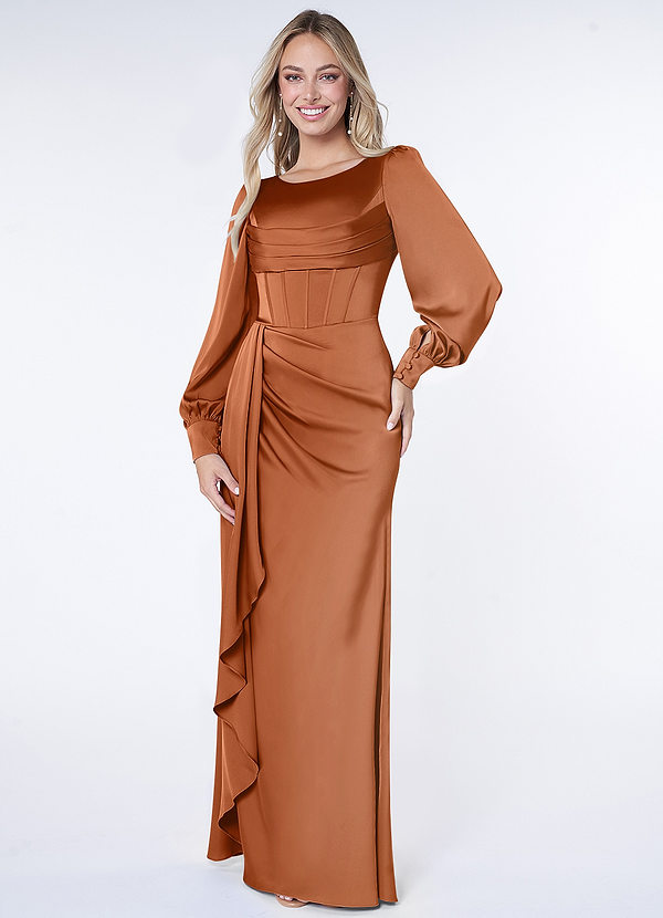 Azazie Raye Bruidsmeisjes Jurken Jurk van Stretch Satijn met Zeemeermin Lange mouw Koper image1