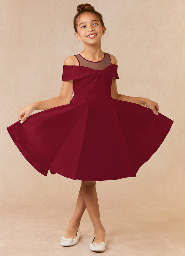 Azazie Shirin Flower Girl Dresses Burgundy A-Line Off the Shoulder Matte Satin Dress image1