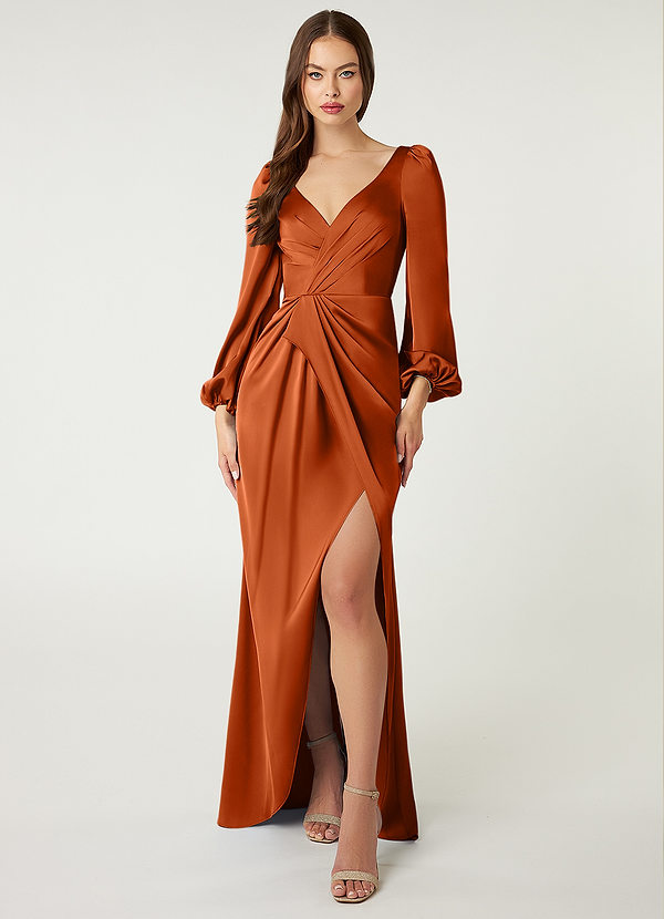Azazie Mel Bridesmaid Dresses Burnt Orange Sheath Long Sleeve Stretch Satin Dress image1