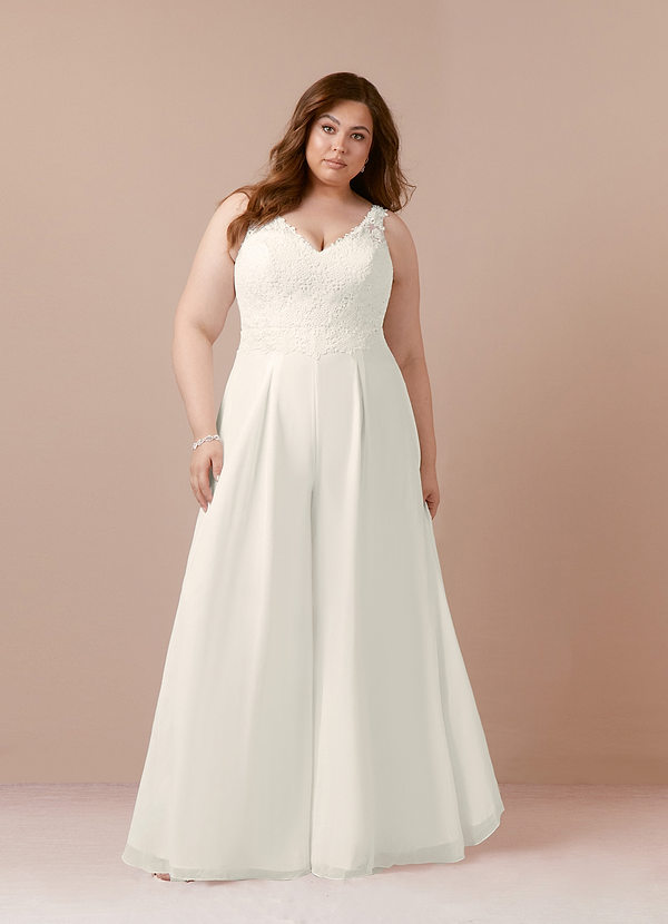 Azazie Florine Wedding Dresses Cream Pant Styles V-Neck Lace Chiffon Dress image1