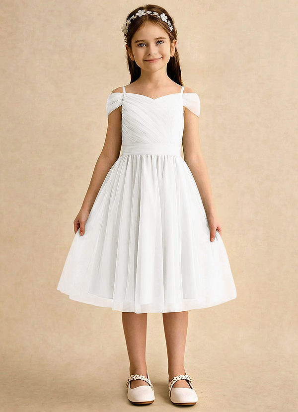 Azazie Lila Girls Formal Sukienki dla dziewczynek sypiących kwiaty Linia A Zza ramienia Tiul Długość do kolan Sukienka image1