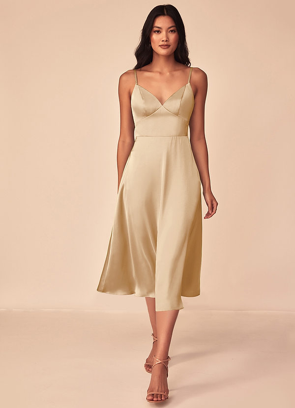 Azazie Dottie Bridesmaid Dresses Champagne A-Line Stretch Satin Dress image1