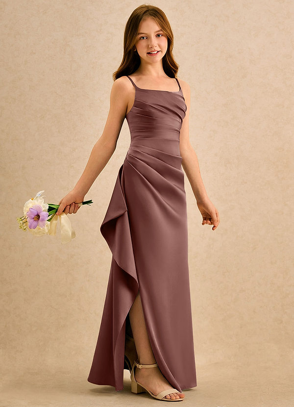 Azazie Cannoli Girls Formal Flower Girl Dresses Espresso A-Line Pleated Stretch Satin Dress image1