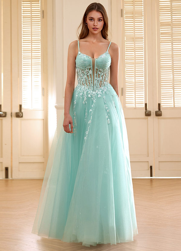 Violettamay Light Green Corset Rhinestone Sheer Lace Prom Dress image1