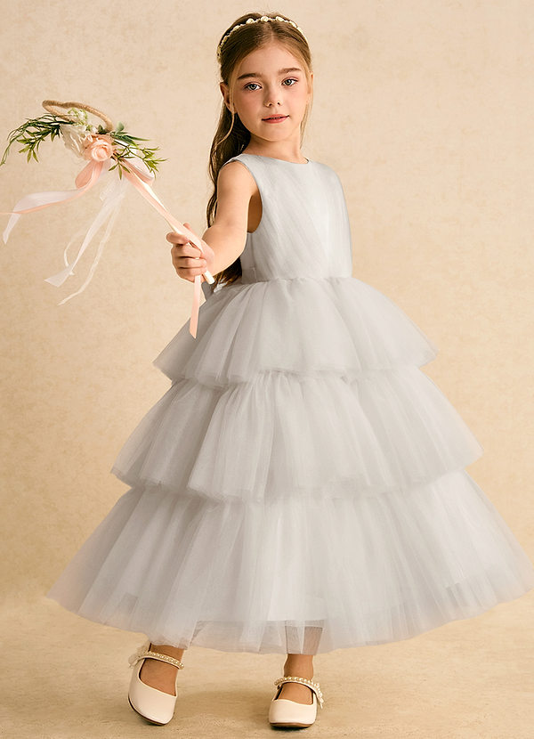 Azazie Marshmallow Blumenkinder Kleider Ballkleid Schleifen Tüll Kleid Frost image1