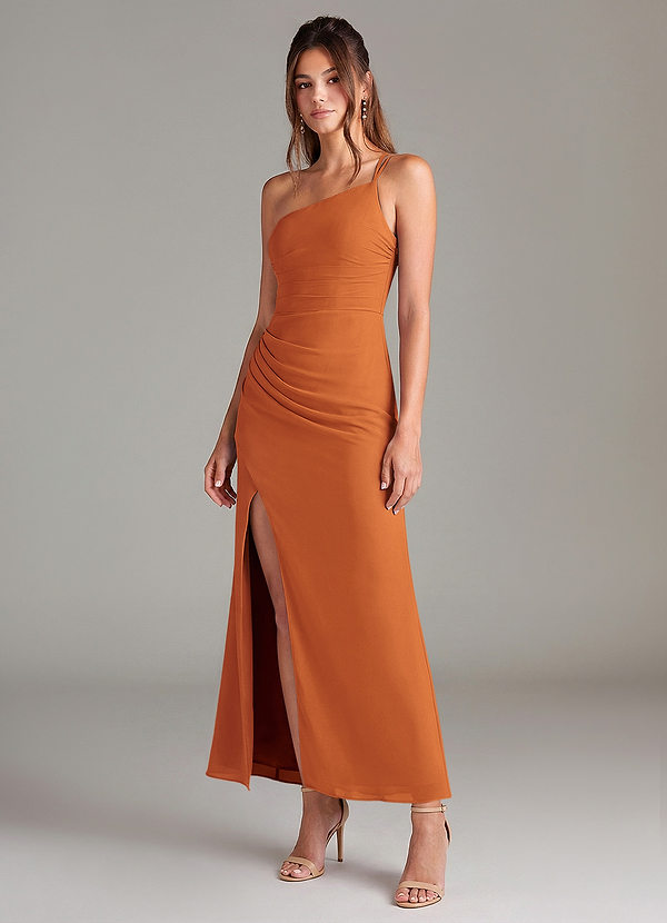 Azazie Eren 신부 들러리 드레스 인어 한쪽 어깨 쉬폰 발목 길이 드레스 image1