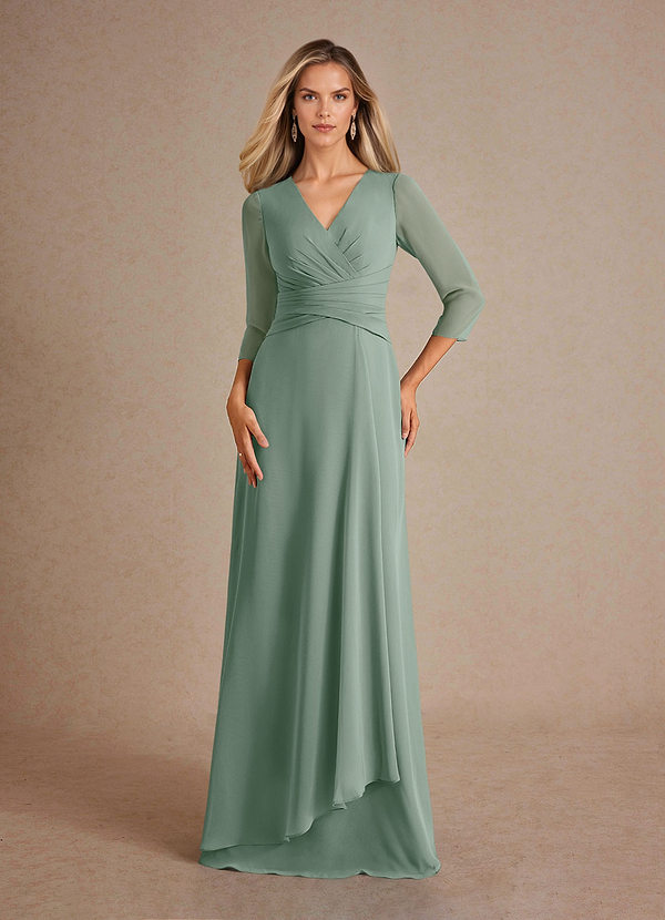 Azazie Mayfield Robe Mère de la Mariée & du Marié Robe Trapèze en Mousseline de soie Plissée Sauge D'argent image1