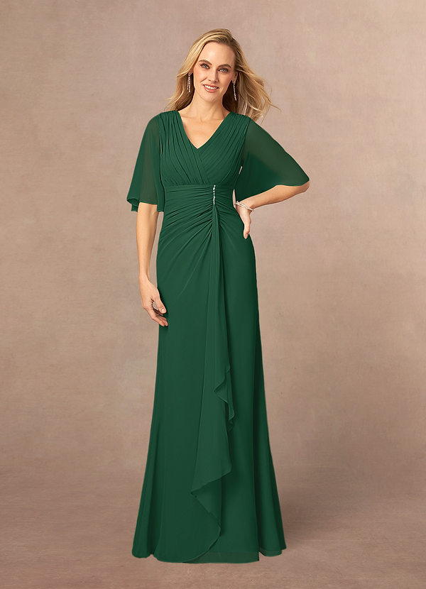 Azazie Carson Mother of the Brides Dresses Dark Green A-Line V-Neck Lace Chiffon Dress image1