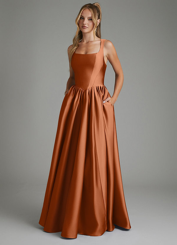 Azazie Nevaeh Robes de demoiselle d'honneur Robe Trapèze en Satin extensible Corset Cuivre image1