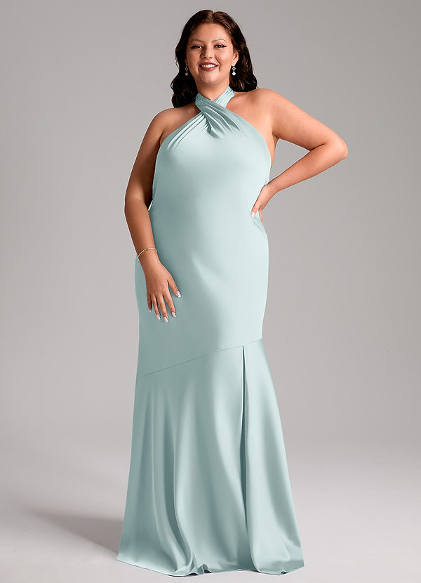 Azazie Lorena Robes Demoiselle d'honneur Robe Sirène en Satin extensible Plissée Brume image1