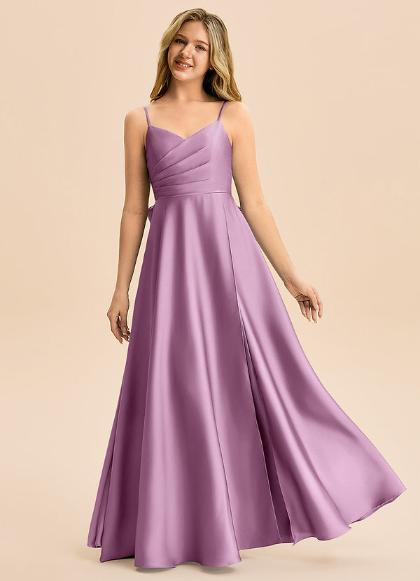 Azazie Rumi Junior Linia A Pofałdowany Satyna elastyczna Długość podłogi Młodsza druhna Sukienka image1