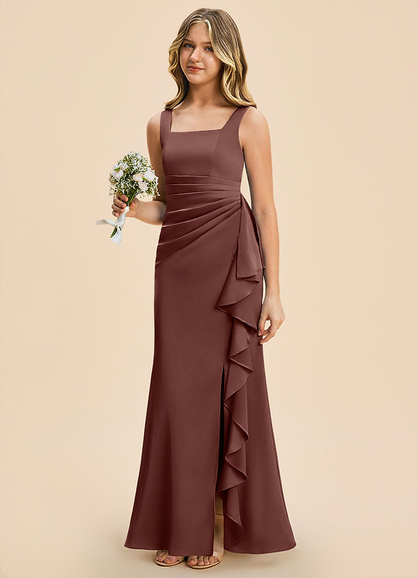 Azazie Adrienne Junior Espresso Sheath Pleated Stretch Satin Dress image1