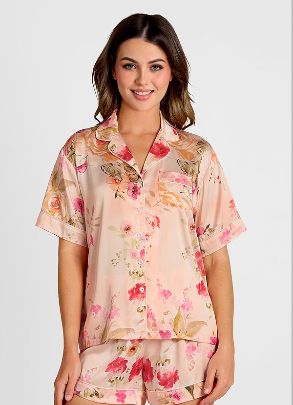 front Abstrakt Bukett Blommig Pyjamasset med satintryck och kantband