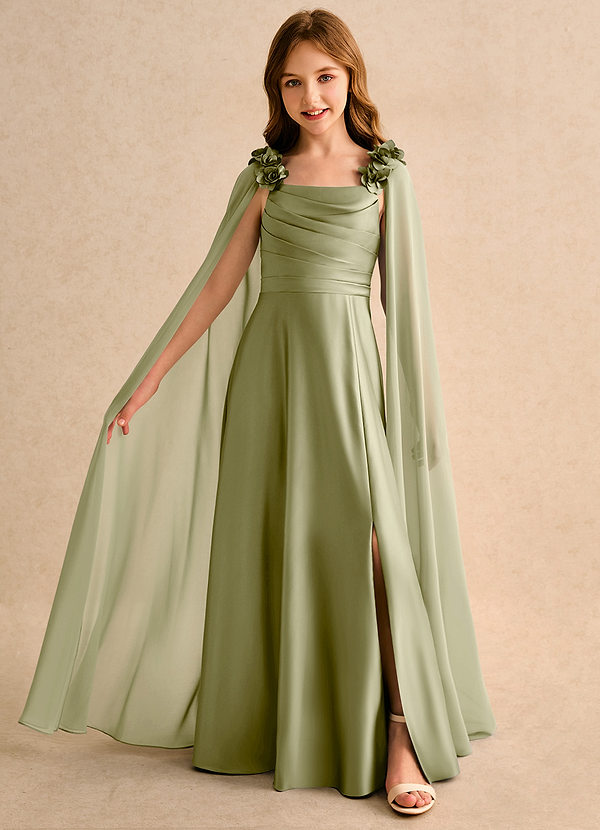 Azazie Rosita Girls Formal Flower Girl Dresses Moss Green A-Line Pleated Matte Satin Dress image1