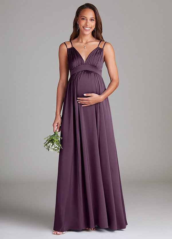 Azazie Emree Maternity Bridesmaid Dresses A-Line Stretch Satin Floor-Length Dress with Pockets image1