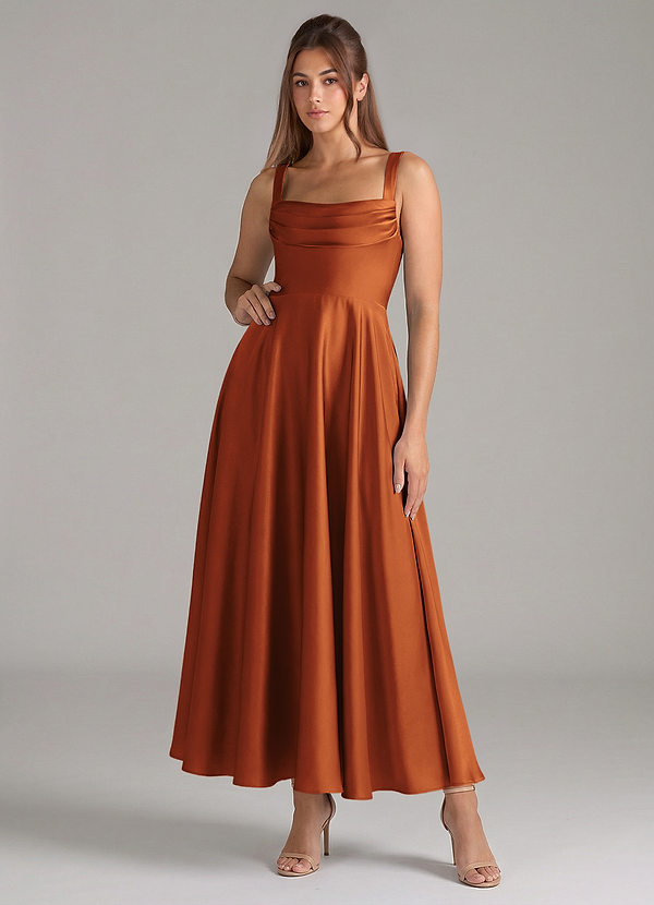 Azazie Shaude Bridesmaid Dresses Cinnamon A-Line Pleated Stretch Satin Dress image1