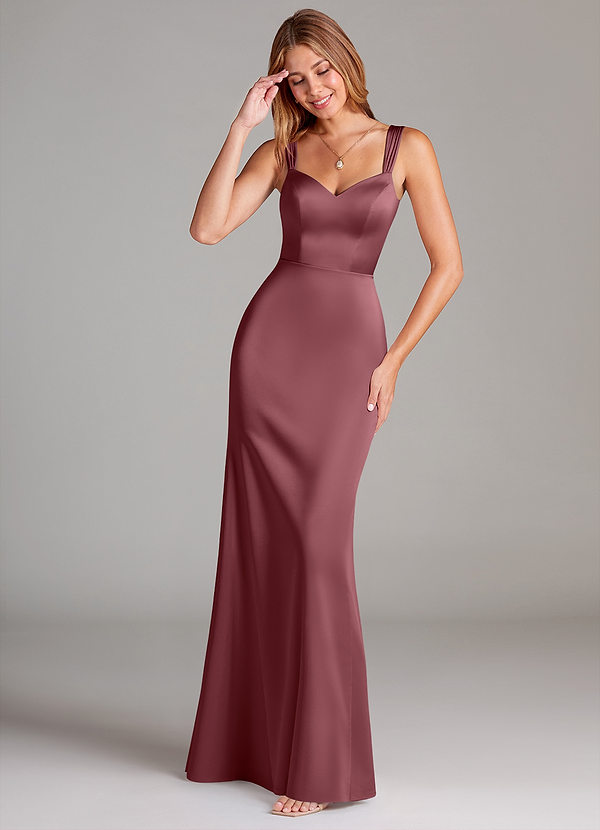 Azazie Denice 신부 들러리 드레스 A라인 주름진 스트레치 새틴 바닥 길이 드레스 image1