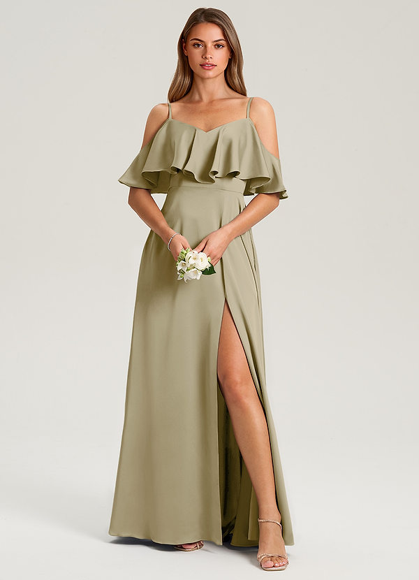 Azazie Jean Bridesmaid Dresses Moss Green A-Line Off the Shoulder Stretch Satin Dress image1